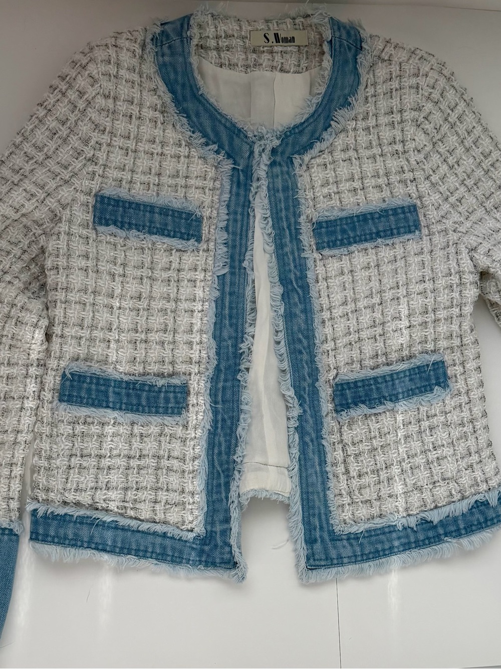 White Tweed Jacket with Light Blue Denim Trim